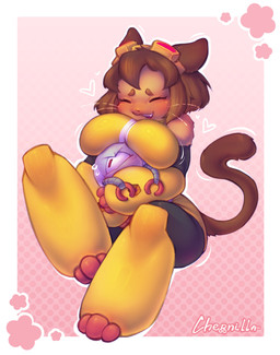 1_eye 3_toes 4_fingers :3 annoyed anthro arm_armor armor bangs ben_day_dots big_breasts black_clothing black_leggings black_legwear blush bodily_fluids boob_hat boots bouncing_breasts breast_squish breasts brown_body brown_eyebrows brown_fur brown_hair brown_tail clothing club_arms cuddling duo embarrassed eyebrows eyes_closed eyewear eyewear_on_head feet female fingers flustered footwear fur gauntlets gloves goggles goggles_on_head greaves hair handwear happy heart_(marking) heart_nose heart_symbol hug leg_armor leggings legwear looking_away love machine male male/female markings one_fang open_:3 open_mouth open_smile pink_background red_clothing red_eyes red_footwear red_gloves red_handwear shoes short_hair simple_background sitting sitting_on_ground sleeveless_clothing smile squish sweat tail tail_motion tailwag text thick_thighs tight_hug toes topwear whiskers wide_hips yellow_boots yellow_clothing yellow_footwear yellow_gauntlets yellow_greaves yellow_topwear chernilla gameoverse glitch_productions kaboodle_(gameoverse) kit_bodega domestic_cat felid feline felis mammal robot sphere_creature waddling_head 2026 absurd_res artist_name full-length_portrait hi_res portrait shaded soft_shading