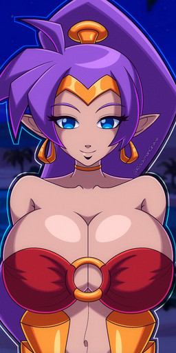 armwear bangs big_breasts blue_eyes breasts choker cleavage clothed clothing crown ear_piercing ear_ring eyebrows eyelashes female glistening glistening_breasts hair headgear humanoid_pointy_ears jewelry long_eyelashes long_hair looking_at_viewer midriff navel necklace not_furry o-ring o-ring_bikini piercing pointy_ears ponytail purple_eyebrows purple_hair ring_piercing smile solo tiara rockmangrave shantae_(series) wayforward shantae genie humanoid absurd_res hi_res shaded watermark