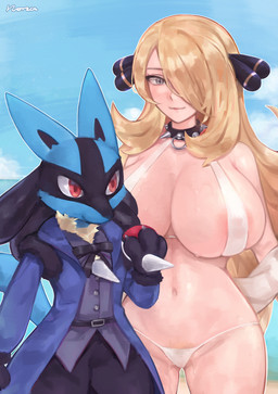 ambiguous_gender anthro areola beach big_breasts blonde_hair blue_body blue_fur bow_tie breasts choker clothed clothed/nude clothed_male clothing collar duo exposure_variation female female_human fur grey_eyes hair interspecies jewelry male male_anthro navel necklace nipple_outline nude pokeball pokemon_champion pokephilia pubes red_eyes seaside size_difference skimpy small_clothing suit swimwear translucent translucent_clothing water wet norza nintendo pokemon cynthia's_lucario cynthia_(pokemon) pokemon_trainer generation_4_pokemon human lucario mammal pokemon_(species) 2021 absurd_res hi_res source_request unavailable_at_source