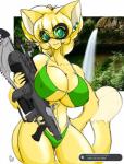 achievement_unlocked anthro big_breasts bikini blonde_hair breasts clothed clothing ear_piercing epic_games eyewear female gears_of_war goggles green_eyes gun hair holding_gun holding_object holding_ranged_weapon holding_weapon huge_breasts lancer_(gears_of_war) mammal microsoft nemesisprime909 piercing ranged_weapon skimpy solo species_request swimwear two-piece_swimsuit weapon xbox xbox_game_studios