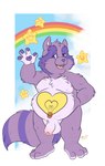 anthro balls belly belly_markings bright_heart_raccoon care_bear_cousins care_bears flaccid foreskin fur genitals gesture hi_res male mammal markings moobs nipples overweight overweight_anthro overweight_male penis procyonid purple_body purple_fur raccoon solo tbid waving waving_at_viewer