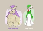 belly big_belly big_breasts big_butt bodily_fluids breasts butt comparison deep_navel disheveled female flabby_arms flabby_butt huge_belly huge_butt morbidly_obese navel obese obese_female out_of_breath overweight overweight_female simple_background slob sweat tired_eyes sinfullapis nintendo pokemon gardevoir generation_3_pokemon humanoid pokemon_(species)