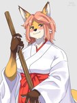 anthro asian_clothing bottomwear breasts clothed clothing east_asian_clothing female female_anthro hair hakama japanese_clothing kemono kimono miko_outfit shrine_maiden simple_background solo ayase4205913 canid canine fox mammal 3:4 hi_res