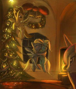 amber_eyes bell blonde_hair christmas_tree cutie_mark face_to_face feathered_wings feathers female feral fire fireplace flying fur grey_body grey_feathers group hair holidays horn hug inside lights long_hair looking_at_viewer looking_down multicolored_hair night open_mouth orange_hair plant purple_eyes ribbons rug smile spread_legs spreading star teeth tree two_tone_hair window wings wreath yellow_body yellow_feathers raikoh-illust christmas friendship_is_magic hasbro my_little_pony mythology derpy_hooves_(mlp) princess_cadance_(mlp) spitfire_(mlp) trixie_(mlp) wonderbolts_(mlp) equid equine mammal mythological_creature mythological_equine pegasus unicorn