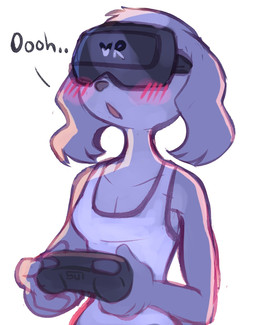 anthro blush blush_lines breasts cleavage clothed clothing controller daww female game_controller shirt simple_background solo tank_top topwear virtual_reality vr_headset white_background suizilla aggretsuko sanrio inui_(aggretsuko) borzoi canid canine canis domestic_dog hunting_dog mammal sighthound 2020 digital_media_(artwork) hi_res shaded