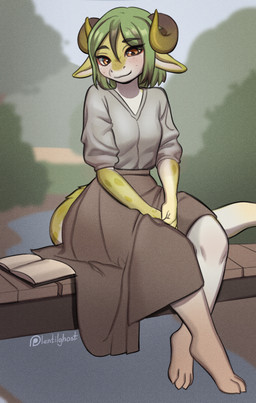 4_toes anthro biped bottomwear breasts claws clothed clothed_anthro clothed_female clothing day feet female fingers front_view fully_clothed fully_clothed_anthro fully_clothed_female fur green_body green_fur green_hair green_spots green_tail hair horn markings plant sitting sky smile solo spots spotted_body spotted_fur tail toe_claws toes topwear tree water lentilghost naomi_(avisseron) furred_kobold furred_scalie kobold scalie 2026 absurd_res digital_drawing_(artwork) digital_media_(artwork) hi_res