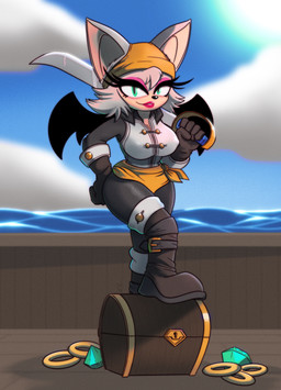 5_fingers alternate_costume anthro biped black_nose boots breasts chaos_emerald cleavage clothed clothing cloud cutlass emerald_(gem) eyelashes eyeshadow female fingers footwear fully_clothed gem gloves gold_ring green_eyes hair handwear headgear headkerchief headwear holding_object holding_weapon kerchief lipstick long_eyelashes looking_at_viewer makeup melee_weapon pink_eyeshadow pirate purple_eyeshadow red_lipstick ring sea shoes sky smile solo sword treasure_chest unsigned water weapon white_hair wings yellow_kerchief roboticsteve netflix sega sonic_prime sonic_the_hedgehog_(series) batten_rouge rouge_the_bat bat mammal 2022 absurd_res digital_drawing_(artwork) digital_media_(artwork) full-length_portrait hi_res portrait