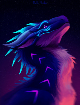 blue_body eye_contact feathers feral fur horn looking_at_another male patterns patterns_on_fur purple_body smile solo space star deltablackk european_mythology mythology indigo_fluff dragon feathered_dragon feathered_scalie furred_dragon furred_scalie mammal mythological_creature mythological_scalie scalie western_dragon absurd_res digital_media_(artwork) hi_res