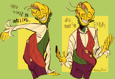 5_fingers alternate_species antennae_(anatomy) black_text bottomwear clothing creepy_smile eyebrows fingers green_background hands_out long_fingers male pants petals plant purple_bottomwear purple_clothing purple_pants raised_eyebrow red_clothing red_robe redesign robe simple_background smile solo spoiler text yellow_body yellow_skin trenchcoatfool deltarune undertale_(series) flowery_(deltarune) elemental_creature elemental_humanoid flora_fauna humanoid plant_humanoid clip_studio_paint_(artwork) digital_media_(artwork) english_description english_text hi_res krita_(artwork) signature