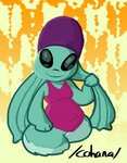 alternate_form black_eyes clothing female holding_tentacle looking_at_viewer one-piece_swimsuit simple_background smile smiling_at_viewer solo standing swimming_cap swimwear teal_body tentacles text yellow_background kajabuubuu disney lilo_and_stitch yin_(lilo_and_stitch) alien cephalopod experiment_(lilo_and_stitch) marine mollusk 2020 digital_drawing_(artwork) digital_media_(artwork) hi_res