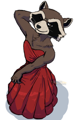 anthro brown_body brown_fur clothed clothing crossdressing dress fur male one_eye_closed simple_background smile solo whiskers wink zimakum guardians_of_the_galaxy marvel rocket_raccoon mammal procyonid raccoon absurd_res colored_sketch hi_res sketch