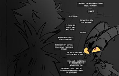 anthro bodily_fluids clothing crying dialogue duo eye_contact formal_clothing formal_wear grey_background hair horn looking_at_another looking_away male prison prison_cell profanity red_eyes short_hair simple_background speech_bubble tears text white_text yellow_eyes teathekook hellaverse helluva_boss blitzo_(helluva_boss) stolas_(helluva_boss) avian bird imp owl owl_demon english_text hi_res