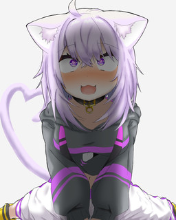 ahoge animal_ears big_breasts black_choker black_clothing black_hoodie black_jewelry black_necklace black_topwear blush bottomwear breasts cat_smile choker clothing fangs female fluffy_ears food_print footwear hair hair_between_eyes heart_eyes heart_symbol heart_tail hoodie jewelry navel necklace open_mouth pants purple_eyes purple_hair raised_tail shadow shoes short_hair simple_background sitting tail teeth topwear white_background white_bottomwear white_clothing white_pants yellow_clothing yellow_footwear yellow_shoes wasabi_onigiri_(artist) hololive vtuber okayu_nekomata animal_humanoid cat_humanoid felid felid_humanoid feline feline_humanoid humanoid mammal mammal_humanoid 4:5 hi_res