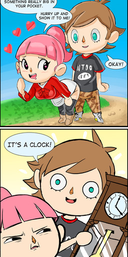 bent_over breasts clock clothed clothing dialogue duo female green_eyes hair heart_eyes heart_symbol human_only humor looking_at_viewer male male/female not_furry open_mouth open_smile outside pun smile speech_bubble text what teevo animal_crossing nintendo villager_(animal_crossing) human mammal 2016 comic english_text hi_res