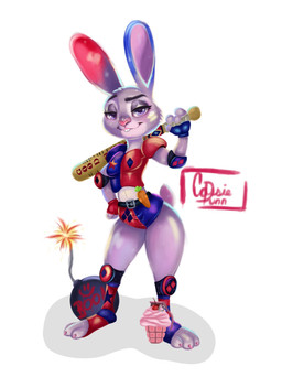 anthro baseball_bat bat_(object) bomb buckteeth clothing cosplay crossover_cosplay cupcake explosives female food fur grenade grey_body grey_fur holding_object long_ears looking_at_viewer purple_eyes simple_background solo teeth weapon crewefox batman_(series) dc_comics disney zootopia harley_quinn judy_hopps european_rabbit lagomorph leporid mammal oryctolagus rabbit crossover hi_res