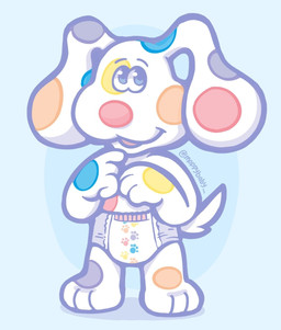 anthro clean_diaper clothed clothing diaper diaper_only front_view male pull-ups_(diaper) solo tail topless wearing_diaper young moppy sprinkles_(blue's_clues) canid canine canis domestic_dog mammal digital_media_(artwork) hi_res
