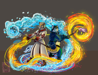 anthro duo elemental_manipulation fire fire_manipulation magic magic_circle magic_user male male/male spell spellcasting water water_manipulation sakary_yoliztli final_fantasy square_enix caelan_(character) selreini_(character) white_mage_(final_fantasy) black_mage_(final_fantasy) cheetah felid feline mammal pantherine tiger absurd_res hi_res
