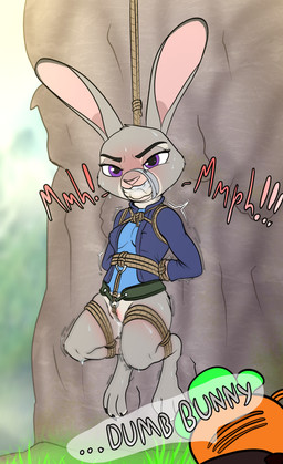 angry anthro bdsm blush bodily_fluids bondage bound carrot_pen clothing eyelashes female female_anthro gag gagged genital_fluids long_eyelashes moan mountain outside restraints rope rope_bondage rope_harness solo submissive submissive_anthro submissive_female sweat tape nanori-chan disney zootopia judy_hopps european_rabbit lagomorph leporid mammal oryctolagus rabbit hi_res