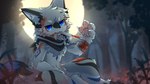 4_fingers anthro bandage biped bite biting_bandage black_markings blood blood_on_arm blood_on_body blood_on_face blue_eyes blue_markings blurred_background bodily_fluids chest_tuft claws fangs fingers fluffy fluffy_tail forest forest_background full_moon fur grass grey_body grey_fur inner_ear_fluff kemono kerchief light looking_at_viewer male markings moon moonlight multicolored_body multicolored_fur nature nature_background neck_tuft neckerchief neckwear night open_mouth outside pawpads paws plant sitting sitting_on_ground solo tail teeth tree tuft white_body white_fur wounded hlg7777 maxliu canid canine canis mammal wolf 16:9 2024 digital_drawing_(artwork) digital_media_(artwork) hi_res shaded wallpaper widescreen