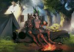 alcohol anthro beer beverage breasts camping camping_tent casual_nudity duo ear_piercing ear_ring female fondling forest hand_on_breast hand_on_sheath male male/female nature nude piercing plant ring_piercing tent tree gureeookami n527 aardwolf canid canine canis hyena mammal striped_hyena wolf