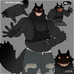 anthro belly biped black_body black_fur bottomwear claws clothing creepy creepy_face creepy_smile denim denim_bottomwear denim_clothing feral finger_claws fur glowing glowing_eyes grin jeans looking_at_viewer male muscular muscular_anthro muscular_male overweight overweight_anthro overweight_feral overweight_male pants sharp_teeth smile smiling_at_viewer solo teeth text torn_bottomwear torn_clothing torn_jeans torn_pants amon-sydonai creepypasta reese_(amon-sydonai) smile.dog canid canine mammal 1:1 2025 digital_media_(artwork) english_text hi_res