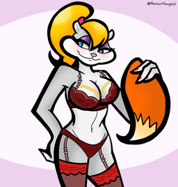 anthro breasts cleavage clothed clothing colored_nails female lingerie nails navel red_clothing solo missnatzooie conker's_bad_fur_day rareware berri chipmunk ground_squirrel mammal rodent sciurid hi_res