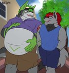 anthro athletic_wear big_bulge bulge clothing duo eyewear goggles huge_bulge hyper hyper_bulge male male/male muscular muscular_male outside pregnant pregnant_male walking_together battaph canid canine kangaroo macropod mammal marsupial hi_res