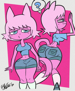 anthro backpack blue_clothing blue_eyes blue_shirt blue_tank_top blue_topwear bored bottomwear breasts butt cat_tail clothing confusion denim denim_bottomwear denim_clothing denim_shorts female footwear hair legwear navel pink_backpack pink_body pink_hair question_mark shirt shorts simple_nose socks solo tank_top topwear white_clothing white_footwear white_legwear white_socks majuv commander_ceebeez_(majuv) domestic_cat felid feline felis mammal hi_res