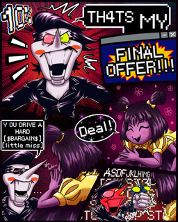 5_eyes 6_arms ambiguous_gender ambiguous_human angry annoyed anthro argument black_hair blush blush_lines blush_stickers blushing_profusely bow_ribbon carrying_another clothed clothing coin cute_fangs dialogue dress duo_focus ellipsis eye_contact eyes_closed fangs female female_anthro giggling group hair heart_symbol heterochromia keysmash_text long_nose looking_at_another male male/female male_humanoid multi_arm multi_eye multi_limb narrowed_eyes on_head pigtails short_hair size_difference sparkles sparkling_clothing speech_bubble suit teeth text trio white_body coi-koi-pond deltarune undertale undertale_(series) kris_dreemurr muffet spamton_g._spamton arachnid arthropod human humanoid living_puppet mammal spider 2026 comic digital_drawing_(artwork) digital_media_(artwork) english_text hi_res