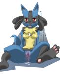 3_toes anthro anthrofied anus blue_body blue_fur blush bodily_fluids breasts featureless_breasts feet female fur genital_fluids genitals nude open_mouth pokemorph pussy red_eyes solo spread_legs spreading tail toes vaginal_fluids alios third-party_edit nintendo pokemon canid canine generation_4_pokemon lucario mammal pokemon_(species) censor_removal_edit