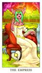 akita anthro blue_eyes breasts canid canine canis card card_template chair cleavage clothed clothing cloud crown domestic_dog dress female female_symbol feralise fortune_telling fur furniture gender_symbol genet green_hair hair headgear heart_symbol hybrid major_arcana mammal outside pillow pink_body pink_fur plant river royalty scepter sky solo spitz star sun sunset symbol tarot tarot_card the_empress_(tarot) throne tree viverrid viyane water waterfall