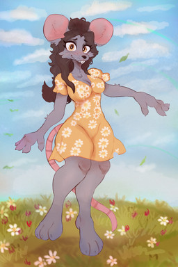 anthro blush breasts brown_hair butt claws clothed clothed_anthro clothed_female clothing dress feet female fingers flower fluffy fur grey_body grey_fur grey_hands grey_legs hair happy landscape looking_at_viewer medium_breasts nature neck_tuft plant plantigrade rear_view short_dress sky solo tail teeth thick_thighs toes tuft whiskers wide_hips yellow_clothing yellow_dress greengirdle ratricia_(el-k) mammal murid murine rat rodent 2026 2:3 digital_drawing_(artwork) digital_media_(artwork) hi_res