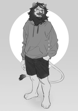 anthro barefoot beard bottomwear clothed clothing eyewear facial_hair feet front_view glasses glistening glistening_eyes grin hand_in_pocket hoodie looking_at_viewer male mane mustache pants pockets rectangular_glasses shorts simple_background smile solo standing teeth topwear azuza felid lion mammal pantherine 2020 absurd_res dated full-length_portrait greyscale hi_res monochrome portrait sketch
