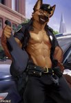 5_fingers abs anthro areola armor biped black_nose blush body_armor brown_eyes building bulletproof_vest car casual_exposure clothed clothing cloud cuff_(restraint) day detailed_background electronics eyebrows fingers fur grin handcuffs holster inner_ear_fluff looking_at_viewer male male_anthro metal_cuffs muscular muscular_anthro muscular_male navel nipples open_clothing open_shirt open_topwear outside pecs police police_badge police_car police_hat police_officer police_uniform police_vehicle radio restraints san_francisco shirt sky skyscraper smile smiling_at_viewer solo tan_body tan_fur teeth topwear tuft uniform vehicle chunie alastair_(alastair) canid canine canis domestic_dog german_shepherd herding_dog mammal pastoral_dog 2024 absurd_res digital_media_(artwork) digital_painting_(artwork) hi_res