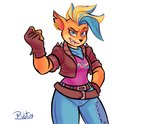 5_fingers anthro belt blue_eyes breasts clothing ear_piercing ear_ring female fingerless_gloves fingers gloves hair handwear multicolored_hair piercing ring_piercing simple_background smile solo rubtox activision crash_bandicoot_(series) pirate_tawna mammal marsupial 2020 absurd_res hi_res signature