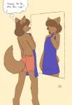 anthro black_nose brown_body brown_fur brown_hair clothed clothing female flat_chested fur furgonomics hair mirror solo text topless starfighter freefall_(webcomic) florence_ambrose bowman's_wolf canid canine canis mammal red_wolf wolf 2013 english_text