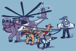 aircraft ambiguous_gender anthro biped blue_background body_writing boots clothing feral footwear grey_tongue group harness helicopter helicopter_tail holding_leash holding_object leash machine pink_tongue quadruped shadow shirt shoes simple_background t-shirt tongue tongue_out topwear vehicle walking auxon living_aircraft living_machine living_vehicle hi_res signature