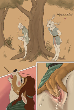 2_horns anthro antlers biped blush bodily_fluids body_hair bottomwear brown_body brown_hair chest_hair closed_smile clothed clothed_masturbation clothing cloven_hooves countershade_face countershading dialogue duo ejaculation eyebrows female female_orgasm fingering fingering_self genital_fluids genitals hair heart_symbol hooves horn loincloth long_hair looking_at_another looking_pleasured male masturbation mouth_closed oblivious on_one_leg open_mouth outside plant scut_tail shirt short_tail smile sound_effects standing standing_masturbation tail text tongue topwear tree unguligrade vaginal vaginal_fingering vaginal_fluids vaginal_fluids_on_hand vaginal_masturbation vaginal_squirting white_body white_countershading bruno_hirschkoff kristian_hirschkoff reyan_(bruno_hirschkoff) deer mammal new_world_deer roe_deer 2025 absurd_res comic english_text hi_res multiple_scenes