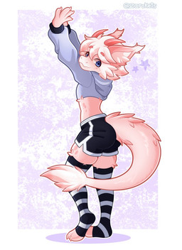 ambiguous_gender anthro bottomwear clothing crop_top fur hoodie hotpants legwear pattern_clothing pattern_legwear pattern_stockings shirt shorts solo stockings striped_clothing striped_legwear striped_stockings stripes topwear zarckets mythology dragon furred_dragon furred_scalie mythological_creature mythological_scalie scalie