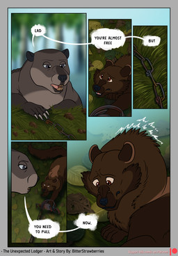 bound brown_body brown_fur buckteeth chain chained claws dialogue dirt forest fur grass grey_body grey_fur leaves_on_ground nervous outside plant teeth text trapped tree bitterstrawberries echo_(bitterstrawberries) husq_(bitterstrawberries) beaver fisher_(animal) gulonine mammal mustelid musteline rodent comic english_text hi_res