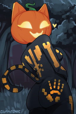 anthro butt butt_focus clothing female for_a_head forest forest_background hand_print heart_symbol looking_at_viewer nature nature_background plant smile solo tail text tight_clothing tree gummitonic epic_games fortnite spice_(fortnite) domestic_cat felid feline felis mammal object_head artist_name hi_res