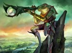 ambiguous_gender anthro armor biped bracelet cloud green_body holding_telescope jewelry landscape leaf narrowed_eyes plant river shrub smile solo squint standing telescope water john_thacker hasbro magic:_the_gathering wizards_of_the_coast amphibian frog 2024 hi_res official_art