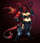 big_breasts breasts claws clothing female handwear horn latex latex_clothing legwear membrane_(anatomy) membranous_wings not_furry simple_background slightly_chubby slightly_chubby_female solo tail whip wings umbra_keeper demon humanoid digital_media_(artwork) hi_res