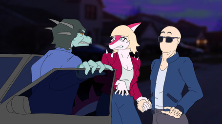 angry anthro bald blonde_hair blue_body blue_clothing blue_jacket blue_topwear bone_frill bottomwear breasts building car clenched_teeth clothed clothed_anthro clothed_female clothed_human clothed_male clothing cloud denim denim_bottomwear denim_clothing evening eyebrows eyelashes eyewear female fingers frill_(anatomy) grey_bottomwear grey_clothing grey_hair grey_pants group hair hand_holding horn house humanoid_hands jacket jeans long_eyelashes looking_at_another male markings medium_hair non-mammal_breasts open_clothing open_jacket open_topwear orange_eyes outside pants raised_eyebrows red_clothing red_jacket red_topwear shirt short_hair sky standing striped_markings stripes sunglasses surprised tear_trough teeth topwear trio vehicle white_clothing white_shirt white_topwear wide_eyed sebek_fereh_ra cavemanon_studios i_wani_hug_that_gator inco_(iwhtg) mia_moretti dinosaur hadrosaurid human mammal ornithischian ornithopod parasaurolophus prehistoric_species reptile scalie colored hi_res