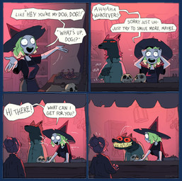 anthro apron bone border clothed clothing detailed_background dialogue eye_bags female gesture green_hair grin group hair hat headgear headwear humor looking_at_another magic_user male market market_stall night outside red_eyes scratching_self sharp_teeth shelf skull smile speech_bubble standing teeth text transparent_border trio vehicle wagon wave witch witch_hat pocketss canid canine canis elf human humanoid mammal wolf 2026 alpha_channel comic english_text hi_res