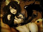 alcohol beverage black_goo bra breasts clothed clothing female feral halo horn ink navel panties skimpy underwear wine wings bendy_and_the_ink_machine alice_angel susie_campbell angel angel_humanoid demon demon_humanoid humanoid hybrid distracting_watermark watermark