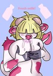 ambiguous_fluids anthro blonde_hair blush blush_lines bodily_fluids breast_grab breast_milking breastfeeding breasts female hair hand_on_breast lactating milk self_suckle simple_background solo text anykoe ipnosa_(dial_liyon) bovid bovine demon mammal hi_res