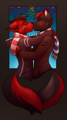 anthro black_body black_fur black_hair black_nose clothed clothing coat duo eyes_closed fur hair holidays jacket kissing kissing_bough male male/male mistletoe night plant red_body red_fur red_hair scarf star topwear lockworkorange christmas niku_(xxvixxx) xxvixxx canid canine canis dingo fox hybrid mammal 2015 digital_media_(artwork) shaded