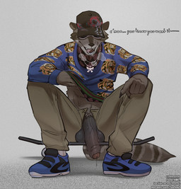 anthro balls baseball_cap big_penis bodily_fluids bottomwear clothing crouching dialogue dripping eyewear footwear foreskin front_view fur genital_fluids genitals grey_body grey_fur hat headgear headwear humanoid_genitalia humanoid_penis inviting male open_mouth pants penis precum precum_drip seductive shoes skateboard sneakers solo sunglasses sweat teasing text tongue tongue_out vehicle foxfawl viktor_(rascaloons) mammal procyonid raccoon 2023 english_text hi_res