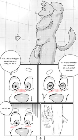 anthro balls bathing big_penis black_body blush blush_lines dialogue duo erection flaccid genitals heart_eyes heart_symbol male nude penis profanity showering speech_bubble tail tail_motion tailwag text vein veiny_penis chalaren luke_(chalaren) max_(chalaren) canid canine canis domestic_dog mammal wolf 9:16 absurd_res comic dithering english_text hi_res